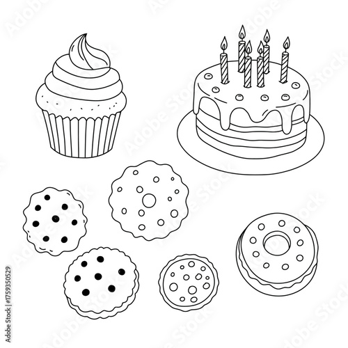 Birthday Cake Cupcake Cookies and Donuts Line Art.