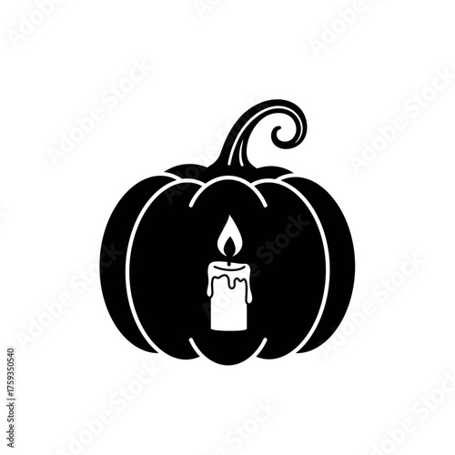 Black and White Silhouette of a Candle Inside a Pumpkin.