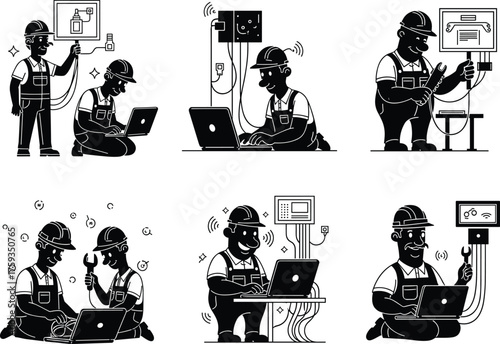 Black and White Icon Set of Bricklayers and Masons, Construction Workers Laying Bricks and Mortar with Trowels, Building a Wall and Industrial Structure Vector Silhouettes.
