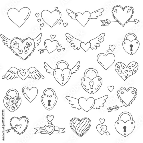 Collection of Hand Drawn Hearts and Love Symbols.