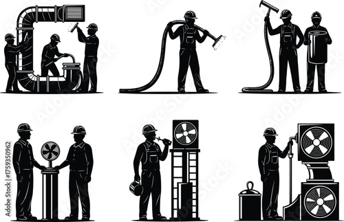 Black and White Icon Set of Painters and Decorators, Workers Using Rollers and Ladders to Paint Walls and Ceilings, Home Improvement and Renovation Vector Silhouettes.