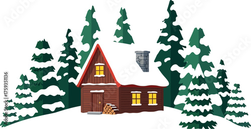 Cozy winter cabin nestled among snow covered evergreen trees in a peaceful holiday scene with smoke rising from the chimney creating a warm atmosphere