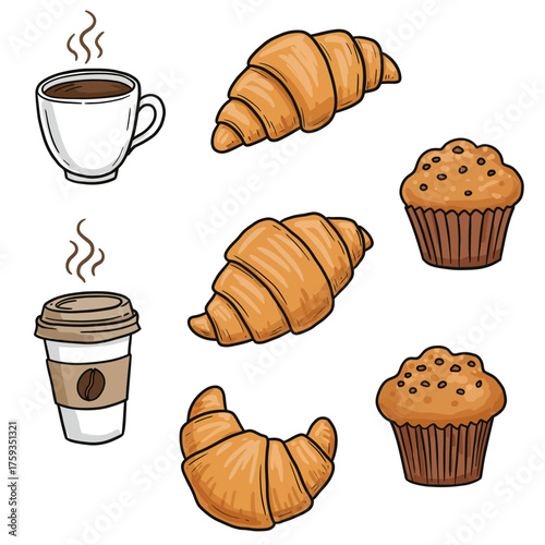 Delicious Croissants and Muffins with Hot Coffee.