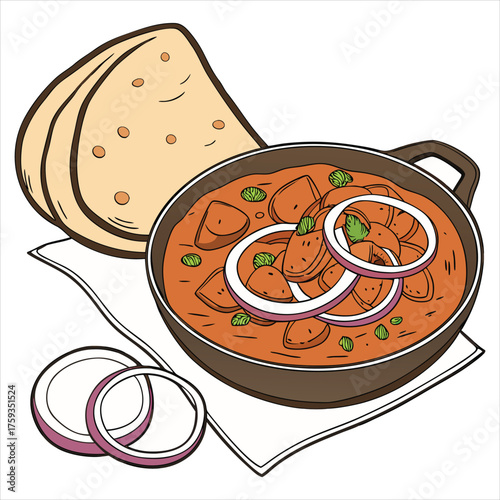 Delicious curry in a pan with roti, vector art