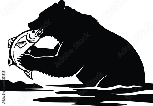 Vector Black bear catching fish in river silhouette illustration