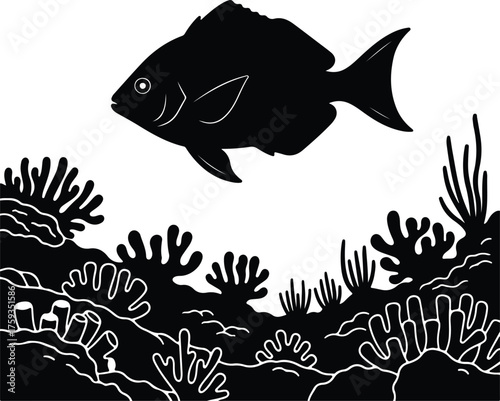 Vector black fish over coral reef underwater silhouette illustration