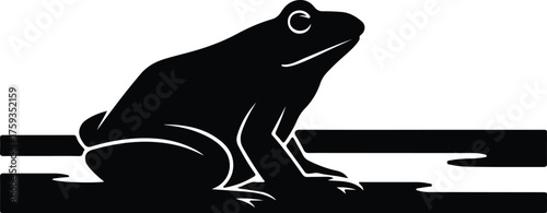 Vector Frog sitting on log in black and white silhouette illustration