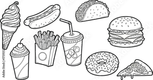 Vibrant collection of classic fast food icons including burgers, fries, ice cream, and pizza, perfect for design projects