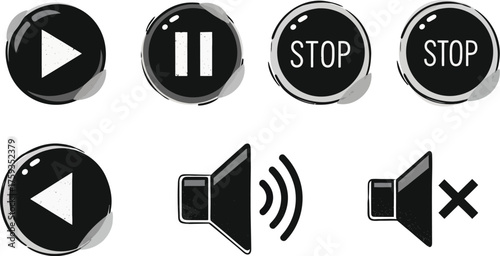 Dynamic modern media control icons play pause stop rewind volume mute offering seamless digital navigation and user interaction