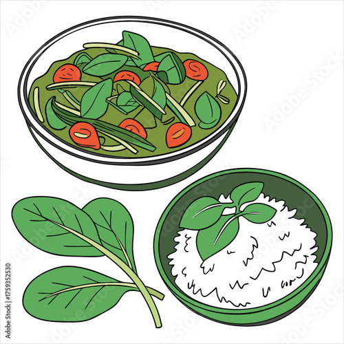 Spinach curry with rice vector illustration