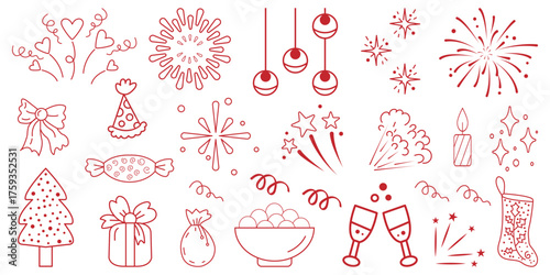 Hand drawn Merry Christmas doodle set. Retro vintage new year party. Christmas tree, gift boxes, stars, winter holiday, champagne, wreath, candle, cake, Christmas toys, bows. Sketch firework party.