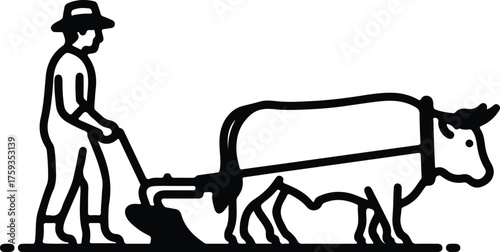 Vector vintage farmer plowing field with ox silhouette illustration