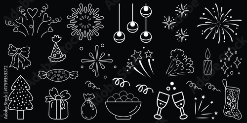 Hand drawn Merry Christmas doodle set. Retro vintage new year party. Christmas tree, gift boxes, stars, winter holiday, champagne, wreath, candle, cake, Christmas toys, bows. Sketch firework party.