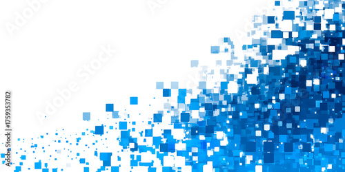 Abstract blue digital squares exploding and scattering on transparent background