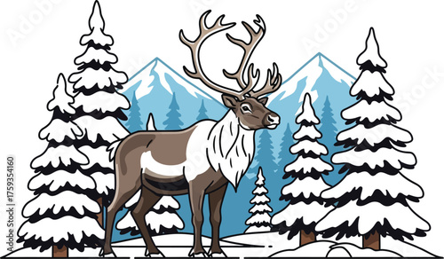 Majestic reindeer standing proudly amidst snowcovered pine trees with a backdrop of serene mountains in a wintry wonderland landscape scene