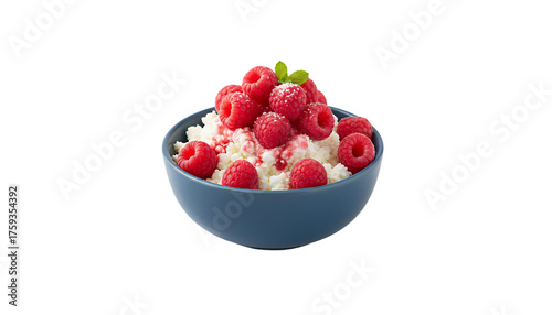 fresh pink raspberries with cottage cheese on small blue bowl isolated on transparency photo png file
