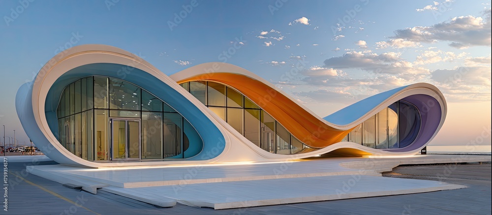 Fototapeta premium Modern building w/ curvy, colorful accents, sky backdrop