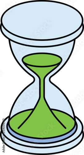 Stylized hourglass with light blue glass and green sand time sand timer