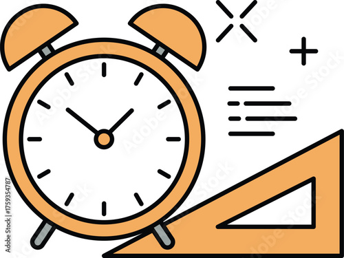 Orange alarm clock and triangle ruler with mathematical symbols time mathematics