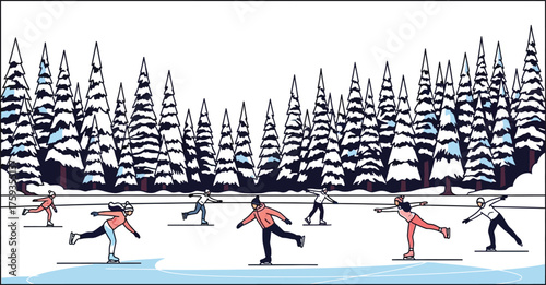 People ice skating on a frozen lake surrounded by snowcovered pine trees in a winter wonderland scene perfect for holiday and seasonal designs