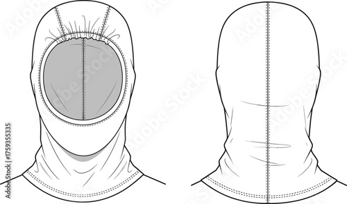 Balaclava technical sketch, front and back view, headwear design, facial opening, stitching detail, garment template, fashion flat, clothing illustration
