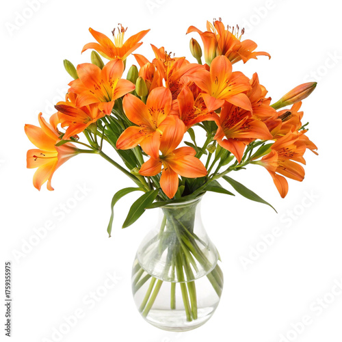 A stunning arrangement of bright orange lilies in a round glass vase, isolated on a transparent background