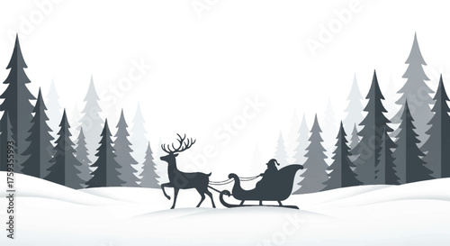 Flat 2D vector illustration of a Christmas celebration scene with a reindeer pulling a sleigh through a snowy forest with tall pine trees in shades of gray on a white background.