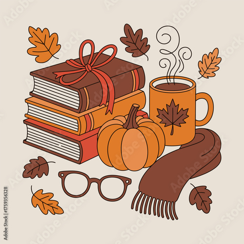 Cozy Autumn Books and Coffee Illustration