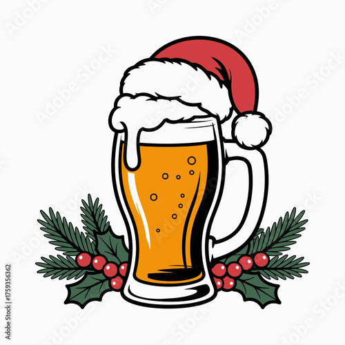 Christmas Beer Mug with Santa Hat and Holly Illustration