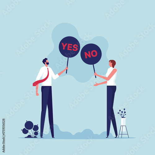 Saying yes or no concept, positive businessman holding yes sign when negative businesswoman holding no sign in hands opposite decisions, Yes, No argument or disagreement