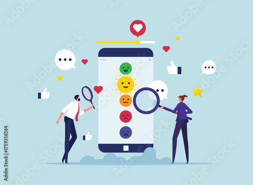 Sentiment analysis on customer feedback concept, brand reputation or positive review, social voice, rating or opinion report, reaction or survey, business people analyze customer feedback feedback