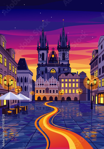 Night in Prague A Vibrant Illustration of Old Town Square at Twilight