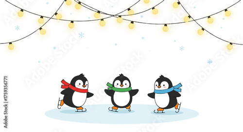Flat 2D vector illustration of three penguins wearing scarves ice skating under string lights during a Christmas celebration on a white background with a festive mood.
