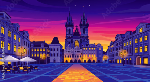 Enchanting twilight scene of a historic town square with a grand church, captured in a colorful digital pixel art illustration