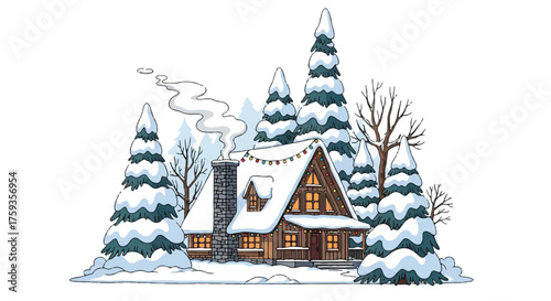 Flat 2D vector illustration of a cozy snow-covered cabin with lit windows and a smoking chimney amidst snow-covered pine trees, evoking a serene Christmas celebration atmosphere.