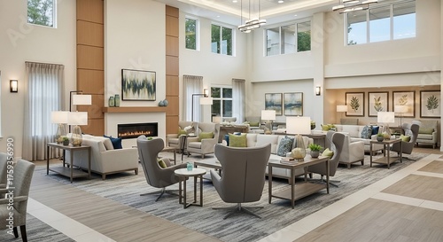 Spacious and elegant common area in a senior living facility with comfortable seating and modern decor.