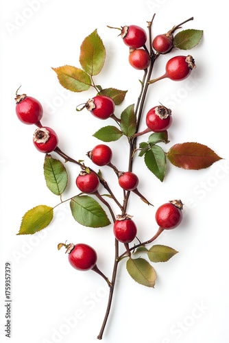 rose hips with leaves isolated on white background