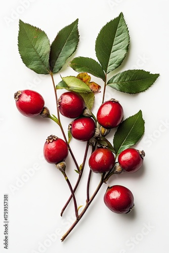 rose hips with leaves isolated on white background