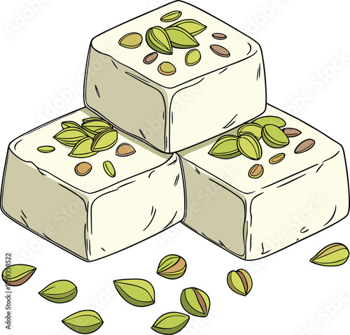 Three pieces of halva with pistachio