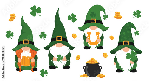 Four adorable leprechaun gnomes celebrating Saint Patrick's Day with shamrocks and gold coins.