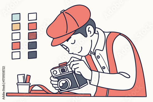 Cartoon Photographer examining vintage camera with focus