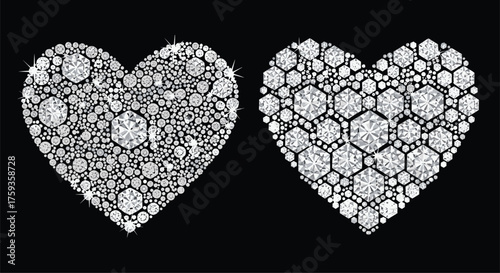 Diamond heart shapes, geometric crystal design, luxury gem texture, sparkling abstract art, black background, circular and hexagonal pattern, elegant brilliance