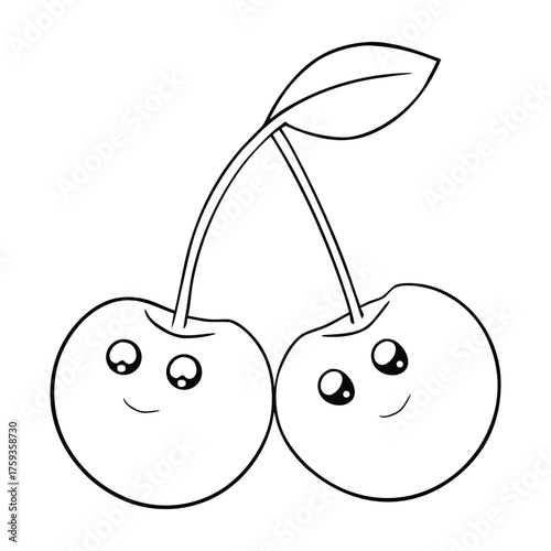 Two plump cherries hang side by side, joined by a curved stem and a single leafy twig. Simple outlines make this coloring page fun for kids to fill with bright, sweet shades.
