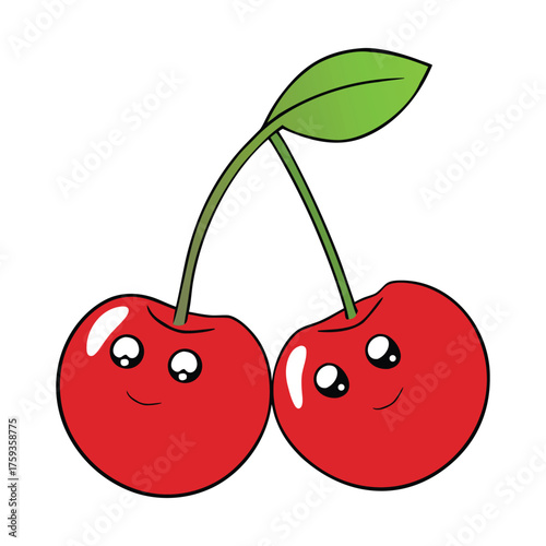 Two plump cherries hang side by side, joined at the stem with a single fresh green leaf. Their smooth, shiny skins and bright red color make them look juicy and sweet.
