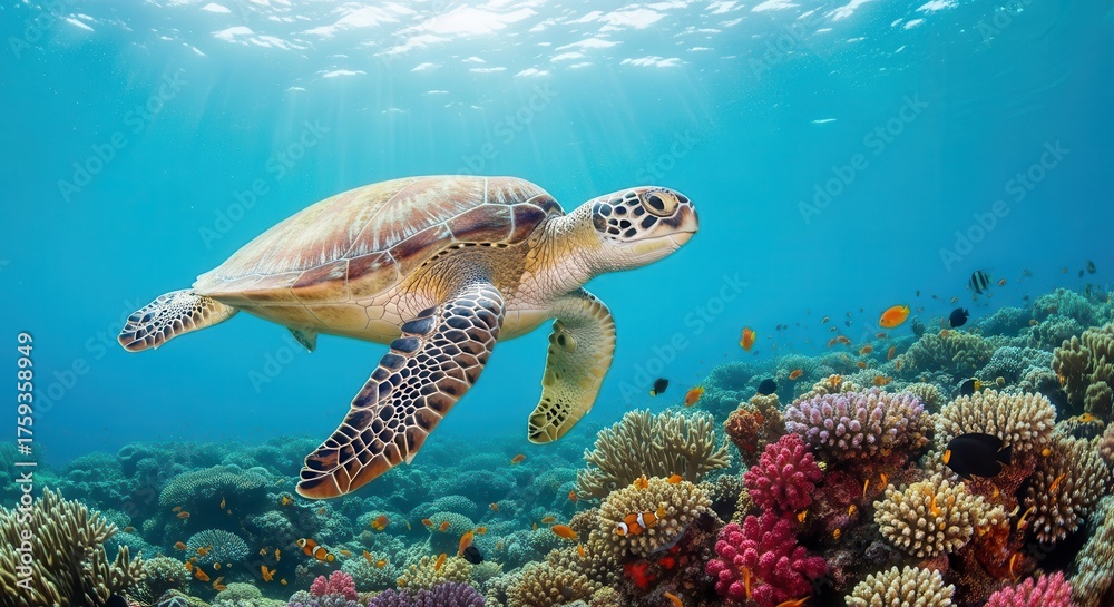 Fototapeta premium Sea turtle swimming over coral reef
