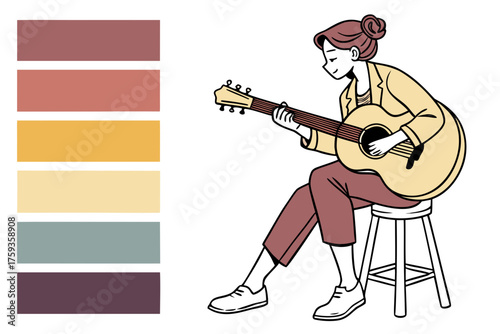 Woman playing acoustic guitar in a simple illustration