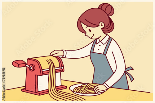 Woman making fresh pasta with a pasta machine cheerfully