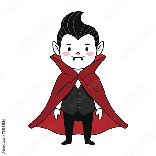 Adorable cartoon vampire ready for Halloween tricks and treats, perfect for spooky season designs and kids' crafts or party invitations