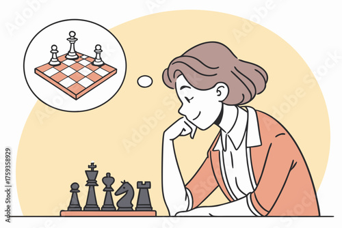 Woman thinking about chess strategy with pieces in front