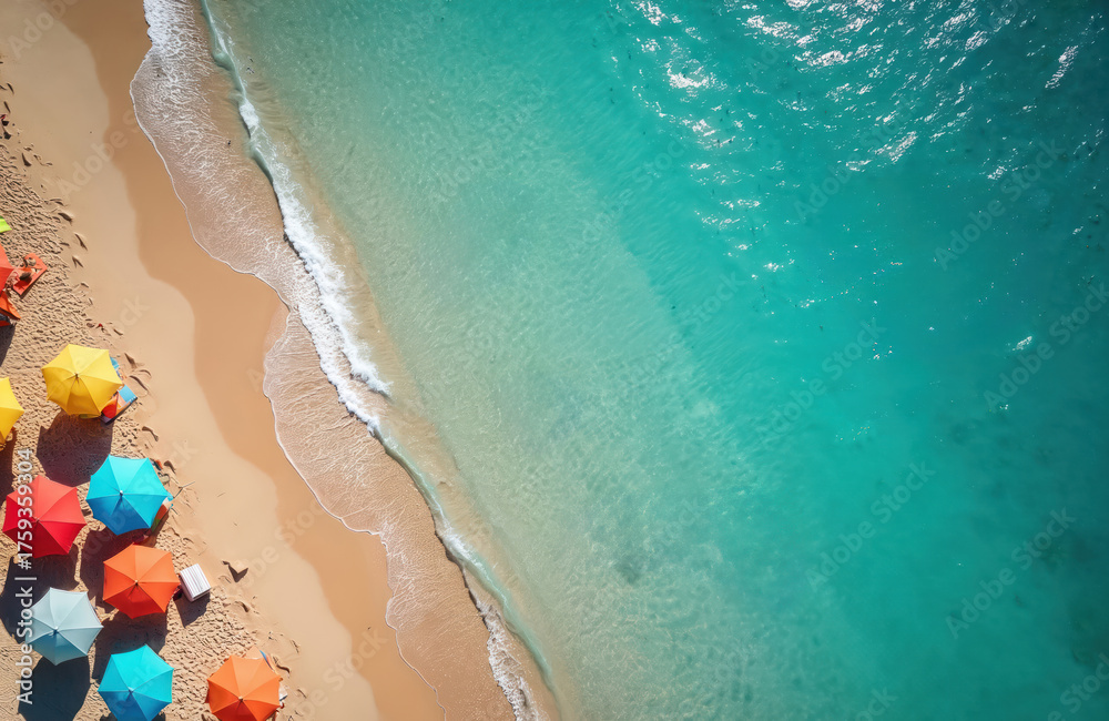 Obraz premium Aerial perspective of a tropical coastline with numerous colorful beach umbrellas providing shade. Clear turquoise waves gently lap onto the sandy shore, inviting relaxation and summer fun.